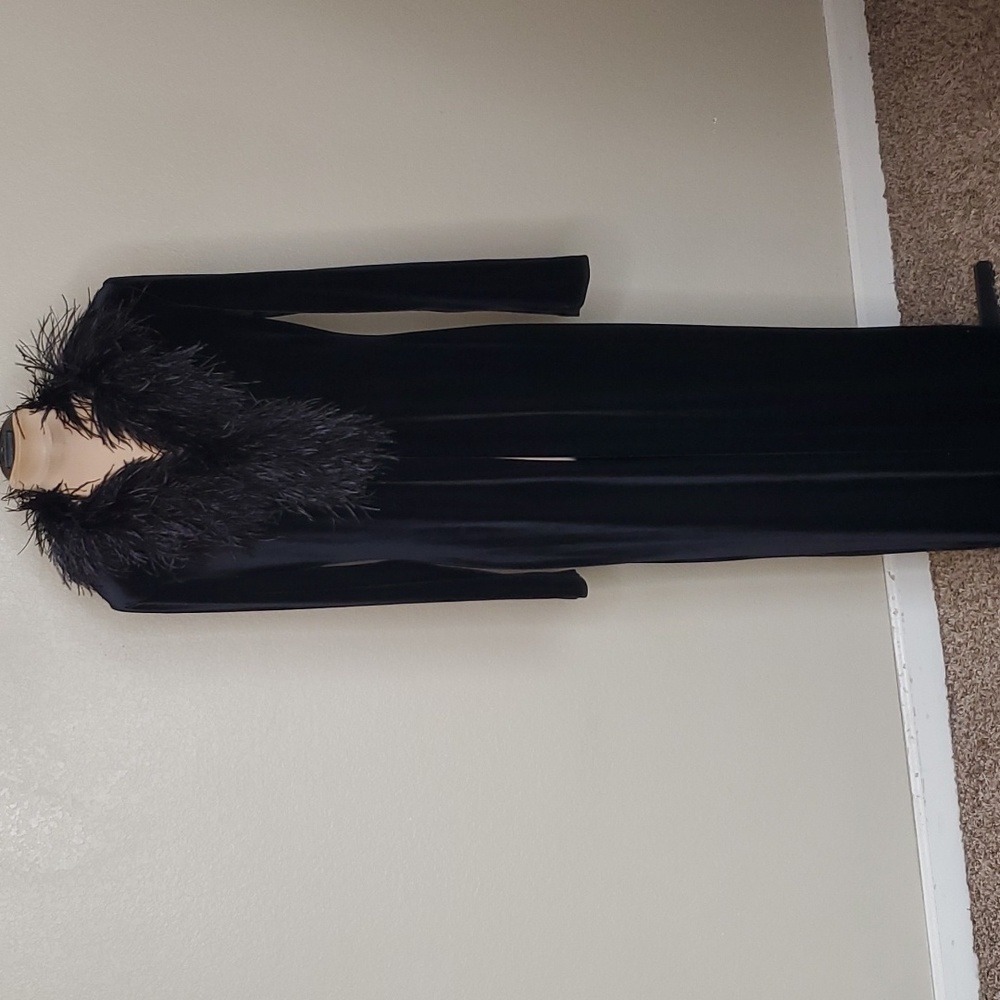 Patra Black Velvet Coat with Feather Trim